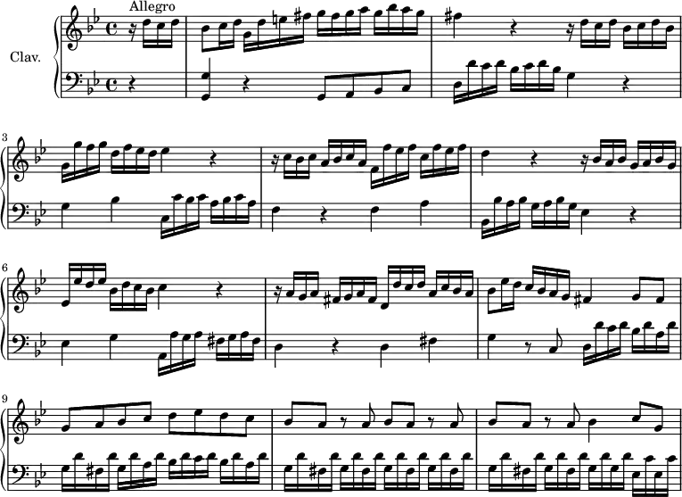 
\version "2.18.2"
\header { 
  tagline = ##f
}
%% les petites notes
trillFq   = { \tag #'print { f8\trill } \tag #'midi { g32 f g f } }
upper = \relative c'' {
  \clef treble 
  \key g \minor
  \time 4/4
  \tempo 4 = 80
  \set Staff.midiInstrument = #"harpsichord"
      s8*0^\markup{Allegro}
      \partial 4
      r16 d16 c d | bes8 c16 d g, d' e fis g fis g a  g bes a g | fis4 r4 r16 d16 c d bes c d bes | g g' f g d f ees d ees4 r4 |
      % ms. 4
      r16 c16 bes c a bes c a f f' ees f c f ees f | d4 r4 r16 bes a bes g a bes g |
      % ms. 6
      ees16 ees' d ees bes d c bes c4 r4 | r16 a16 g a fis g a fis d d' c d a c bes a |
      % ms. 8
      bes8 ees16 d c bes a g fis4 g8 fis | g a bes c d ees d c | bes a r8 \repeat unfold 2 { a8 bes[ a] r8 } a8 bes4 c8 g |
      % ms. 12
}
lower = \relative c {
  \clef bass
  \key g \minor
  \time 4/4
  \set Staff.midiInstrument = #"harpsichord"
    % **************************************
      r4 | < g g' >4 r4 g8 a bes c | d16 d' c d bes c d bes g4 r4 | g4 bes c,16 c' bes c a bes c a |
      % ms. 4
      f4 r4 f4 a | bes,16 bes' a bes g a bes g ees4 r4 | ees4 g a,16 a' g a  fis g a fis | d4 r4 d4 fis |
      % ms. 8
      g4 r8 c,8 d16 d' c d bes d a d g, d' fis, d' g, d' a d bes d c d bes d a \repeat unfold 6 { d g, d' fis, } d' g, d' g, d' ees, c' ees, c' |
      % ms. 12
}
thePianoStaff = \new PianoStaff <<
    \set PianoStaff.instrumentName = #"Clav."
    \new Staff = "upper" \upper
    \new Staff = "lower" \lower
  >>
\score {
  \keepWithTag #'print \thePianoStaff
  \layout {
      #(layout-set-staff-size 17)
    \context {
      \Score
     \override SpacingSpanner.common-shortest-duration = #(ly:make-moment 1/2)
      \remove "Metronome_mark_engraver"
    }
  }
}
\score {
  \keepWithTag #'midi \thePianoStaff
  \midi { }
}
