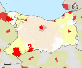 Localisation de l'aire d'attraction de Bayeux dans le département du Calvados.