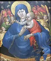 Marie avec l'Enfant Jésus dans ses bras entourés d'anges et de papillons sur un fond noir.