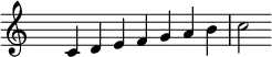 
    \relative c' {
        \clef treble \time 7/4 \hide Staff.TimeSignature
         c4 d e f g a b c2
    }
