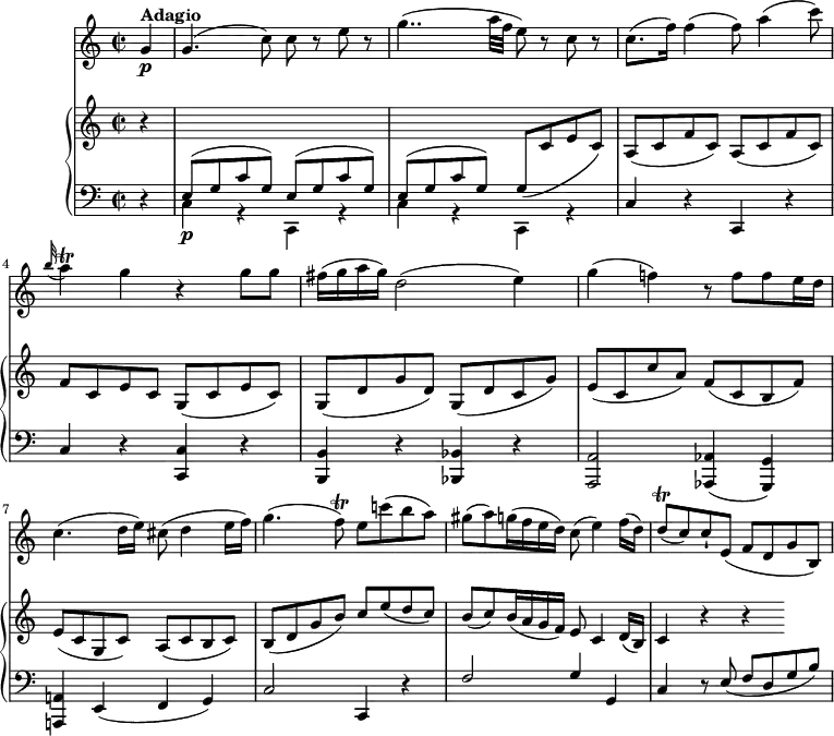 
\version "2.18.2"
\header {
  tagline = ##f
}
upper = \relative c {
               \key c \major
               \time 2/2
               \tempo 4 = 60
               \set Staff.midiMinimumVolume = #0.2 \set Staff.midiMaximumVolume = #0.5
            \partial4 r4  \change Staff =lower
            \stemUp e8\p ^(g c g) e ^ (g c g)
            e ^ (g c g) g (\change Staff =upper c e c)
            a (c f c) a (c f c)
            f c e c) g (c e c)
            g (d' g d) g, (d' c g')
            e (c c' a) f (c b f')
            e (c g c) a (c b c)
            b (d g b) c e (d c)
            b (c) b16 (a g f) e8 c4 d16 (b)
            c4 r r
            }
lower =  \relative c {
                \clef bass 
                \key c \major
                \time 2/2
                \set Staff.midiMinimumVolume = #0.2 \set Staff.midiMaximumVolume = #0.5
          \partial4  r4
          \stemDown  c g\rest c, g'\rest
          c g\rest c, g'\rest
          \stemUp c r c, r
          c' r <c, c'> r
          <b b'> r <bes bes'> r
          <a a'>2  <aes aes'>4 (<g g'>)
          <a! a'!> e' (f g)
          c2 c,4 r
          f'2 g4 g,
          c r8 e (f d g b)
             }
 vl = \relative c'' {
              \key c \major
               \time 2/2
    \partial 4 g4\p^ \markup \bold {{"Adagio"}}
    g4. (c8) c r8 e r8
    g4.. (a32 f e8) r8 c r8
    c8. (f16) f4 (f8) a4 (c8)
    \grace b32 (a4)\trill g r4 g8 g
    fis16 (g a g) d2 (e4)
    g (f!) r8 f f e16 d
    c4. (d16 e) cis8 (d4 e16 f)
    g4. (f8\trill) e c'! (b a)
    gis (a) g16 (f e d) c8 (e4) f16 (d)
    d8\trill (c) c-! e, (f d g b,)
                 }             
\score {
    \new GrandStaff <<
      \new PianoStaff <<  
        \new Staff = "upper" \upper
        \new Staff = "lower" \lower
       \set Staff.midiMinimumVolume = #0.2 \set Staff.midiMaximumVolume = #0.5
    >>
   \new Staff = "vl" \vl
    >>
    \layout {
    \context {
      \Score
      \remove "Metronome_mark_engraver"
    }
  }
  \midi { }
}
