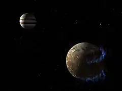 Vue d'artiste de Ganymède avec ses aurores polaires côté nocturne et Jupiter visible à gauche en arrière-plan