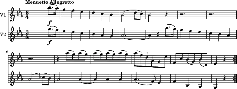 
<<
\new Staff \with { instrumentName = #"V1 "} \relative c'' {
    \version "2.18.2"
    \key ees \major 
    \tempo "Menuetto Allegretto"
    \tempo 4 = 120
    \time 3/4  
    s2  bes'8.\f (aes16)
    g4 f ees
    d c bes
    bes2 (d8 c)
    bes2 r4 r2. r2. r2. r4
    \repeat unfold 5 {aes'8 (g)}
    aes (f) d-! aes-! g ees'
    f, c' bes (g) bes (d,)
    ees4 r \bar ":|."
}
\new Staff \with { instrumentName = #"V2 "} \relative c'' {
    \key ees \major 
    \time 3/4
    s2  g'8.\f (f16)
    ees4 d c
    bes aes g
    aes2. (aes4) r
    aes'8. (g16)
    f4 ees d
    c bes aes
    aes2 (ces8 bes)
    aes2 aes4 (aes) aes aes
    aes4. (f8) ees4 f
    bes, aes g r
}
>>
