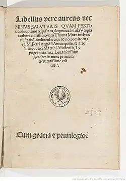 Première édition de l'Utopie de Thomas More publiée en 1516.