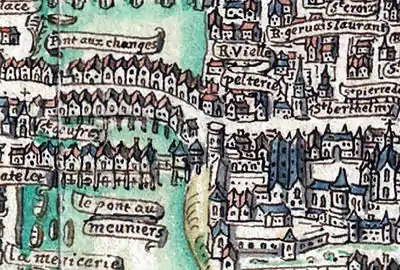 Boulevard du Palais avec l'église Saint-Barthélémy sur le plan dit de la Tapisserie (1540).