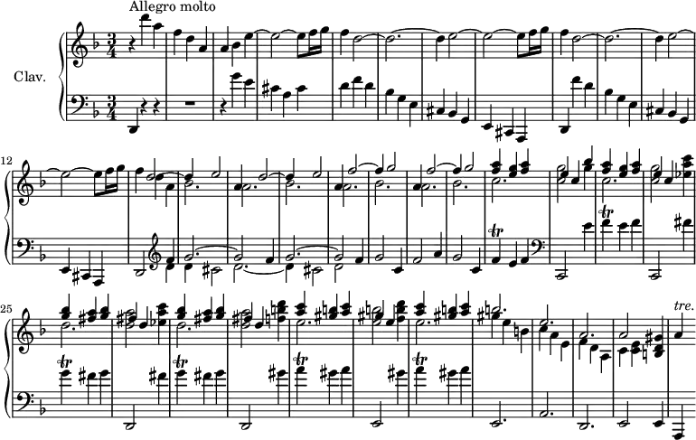 
\version "2.18.2"
\header {
  tagline = ##f
  % composer = "Domenico Scarlatti"
  % opus = "K. 510"
  % meter = "Allegro molto"
}
%% les petites notes
trillF     = { \tag #'print { f4\trill } \tag #'midi { g32 f g f~ f8 } }
trillA     = { \tag #'print { a4\trill } \tag #'midi { b32 a b a~ a8 } }
trillG     = { \tag #'print { g4\trill } \tag #'midi { a32 g a g~ g8 } }
trillAUp   = { \tag #'print { a'4^\markup{ \italic "tre."} } \tag #'midi { \times 2/3 { a32 bes a~ } a8. } }
upper = \relative c'' {
  \clef treble 
  \key d \minor
  \time 3/4
  \tempo 2 = 88
      s8*0^\markup{Allegro molto}
      r4 d'4 a | f d a | a bes e~ | e2~ e8 f16 g | f4 d2~ | d2.~ |
      % ms. 7
      d4 e2~ | e2~ e8 f16 g | f4 d2~ | d2.~ | d4 e2~ | e~ e8 f16 g |
      % ms. 13
      f4 
      << { d2~ | d4 e2 | a,4 d2~ | d4 e2 | a,4 f'2~ | f4 g2 | a,4 f'2~ | f4 g2 } 
       \\ { d4 a | bes2. a bes a bes | a bes } >>
      % ms. 20
      << { < f' a >4 < e g > < f a > | e c bes' | < f a >4 < e g > < f a > | e c } 
       \\ { c2. | < c g' >2 g'4 | c,2. | < c g' >2 } >> < ees a c >4
      % ms. 25
      << { < g bes >4 < fis a > < g bes > | fis4 d s4 | < g bes >4 < fis a > < g bes > | fis4 d s4 | < a' c >4 < gis b > < a c > | gis e s4 } 
       \\ { d2. | < d a' >2 < ees a c >4 | d2. | < d a' >2 < f b d >4 | e2. | < e b' >2 < f b d >4 } >>
      % ms. 31
      << { < a c >4 < gis b > < a c > | b2. e,  a, | a2 } 
       \\ { e'2. | gis4 e b | c a e | f d a | c < c e > } >> < b d gis >4 | \trillAUp
      % ms. 38
}
lower = \relative c' {
  \clef bass
  \key d \minor
  \time 3/4
    % ************************************** \appoggiatura a16  \repeat unfold 2 {  } \times 2/3 { }   \omit TupletNumber 
      d,,4 r4 r4 | R2. | r4 g''4 e | cis a cis | d f d | bes g e |
      % ms. 7
      cis4 bes g | e cis a | d f'' d | bes g e | cis bes g | e cis a |
      % ms. 13
      d2   \clef treble  << { \repeat unfold 2 { f''4 | g2.~ | g2 } } \\ { d4 | d cis2 | d2.~ | d4 cis2 | d2 } >> f4 | g2 c,4 |
      % ms. 19
      f2 a4 | g2 c,4 | \trillF e4 f |   \clef bass c,,2 e''4 | \trillF e4 f  | c,,2 fis''4 | 
      % ms. 25
      \trillG fis4 g | d,,2 fis''4 | \trillG fis4 g | d,,2 gis''4 | \trillA gis a | e,,2 gis''4 |
      % ms. 31
      \trillA gis4 a | e,,2. a d, | e2 e4 | a,4
      % ms. 38
}
thePianoStaff = \new PianoStaff <<
    \set PianoStaff.instrumentName = #"Clav."
    \new Staff = "upper" \upper
    \new Staff = "lower" \lower
  >>
\score {
  \keepWithTag #'print \thePianoStaff
  \layout {
      #(layout-set-staff-size 17)
    \context {
      \Score
     \override TupletBracket.bracket-visibility = ##f
     \override SpacingSpanner.common-shortest-duration = #(ly:make-moment 1/2)
      \remove "Metronome_mark_engraver"
    }
  }
}
\score {
  \keepWithTag #'midi \thePianoStaff
  \midi { \set Staff.midiInstrument = #"harpsichord" }
}
