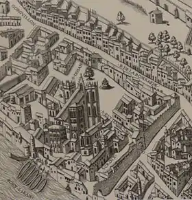 Gravure de la Renaissance montrant le centre d'une ville située en bord de rivière. Au centre, dans une enceinte fortifiée, une cathédrale flanquée de deux églises plus modestes.
