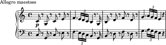 
\version "2.18.2"
\header {
  tagline = ##f
}
upper = \relative c' {
  \clef treble 
  \key c \major
  \time 4/4
  \tempo 4 = 140
  \override TupletBracket.bracket-visibility = ##f
   %%Mozart — Concerto 21 mvt 1, th. 1
   c8\p r8 g r8 c r8 e r8 f4. \tuplet 3/2 { e16 d c } b4 r8. g16 b8 r8 d r8 f r8 d r8 g4. \tuplet 3/2 { a16 g f } e4 r4
}
lower = \relative c {
  \clef bass
  \key c \major
  \time 4/4
   c8 r8 g r8 c r8 e r8 f4. \tuplet 3/2 { e16 d c } b4 r8. g16 b8 r8 d r8 f r8 d r8 g4. \tuplet 3/2 { a16 g f } e4 r4
}
  \header {
    piece = "Allegro maestoso"
  }
\score {
  \new PianoStaff <<
    \new Staff = "upper" \upper
    \new Staff = "lower" \lower
  >>
  \layout {
    \context {
      \Score
      \remove "Metronome_mark_engraver"
      \override SpacingSpanner.common-shortest-duration = #(ly:make-moment 1/2)
    }
  }
  \midi { }
}
