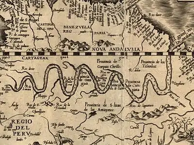 La Nouvelle Andalousie avec le fleuve Amazone sur une carte de Diego Gutiérrez (1562).