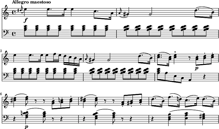 
<<
  \new Staff  \relative c' {
         \clef "treble"
         \tempo "Allegro maestoso"
         \key c \major
         \time 4/4
      \grace dis'16 (e4) \f e8. e16 e4 c8. a16
        \grace a16 (gis4) gis2 d'8. (b16)
        e4 e8. e16 e8 f16 e d c b a
         \grace a16 (gis4) gis2 d'8. (b16)
         <c e>8. (<a c>16) <c e>4-! r8 <a c>-. \p <b d>-. <c e>-.
         <cis e>4 (<d f>8) r8 r8 <g, b>-.  <a c!>-. <b d>-.
         <b dis>4 (<c e>8) r8 r <f, a>-.  <gis b>-. <a c>-.
         d8. (b16) f'8. (d!16) c8. (e16) d8. (b16)
}
 \new Staff \relative c {
         \clef "bass"
         \key c \major
         \time 4/4
         \tempo 4 = 120
        \set Staff.midiMinimumVolume = #0.2 \set Staff.midiMaximumVolume = #0.5
        \grace s16 \repeat unfold 8 { <a' c e>8 }
        \repeat unfold 8 { <a b d e>8 }
        \repeat unfold 8 { <a c e>8 }
         \repeat unfold 8 { <a b d e>8 }
         <a c e> a e c a4 r4
         r4  <f' a c! d>\p (<g b d>8) r r4
        r4 <e g b c> (<f a c>8) r r4
        r4 <d f b> (<e a c> <e gis b>)
}
>>
