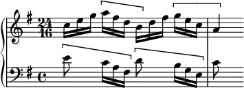 
\version "2.18.2"
\header {
  tagline = ##f
}
upper = \relative c'' {
    \clef treble 
    \key g \major
    \time 4/4
    \set Staff.timeSignatureFraction = 24/16
    \scaleDurations 2/3
    \tempo 4 = 68
    \set Staff.midiInstrument = #"harpsichord" 
    \override TupletBracket.bracket-visibility = ##f
     %% PRÉLUDE CBT I-15, BWV 860, sol majeur
     \times 2/3 { c16[ e g] \[ a[ fis d] b[ \] d fis]\[ g[ e c]  }
{ 
 % suppression des warnings :
 %#(ly:set-option 'warning-as-error #f)
 %#(ly:expect-warning (_ "stem does not fit in beam")) %% <= à traduire éventuellement
 %#(ly:expect-warning (_ "beam was started here")) %% <= à traduire éventuellement
  %\set stemRightBeamCount = #2
  a4*1/4[ s]
} \]
}
lower = \relative c' {
    \clef bass 
    \key g \major
    \time 4/4
    \set Staff.midiInstrument = #"harpsichord" 
    %\override TupletBracket.bracket-visibility = ##f
  \set Score.currentBarNumber = #16
  %\context Score \applyContext #(set-bar-number-visibility 4)
  \bar ""
    \partial 2
    \[ e8 \times 2/3 { c16[ a fis] } \] \[ d'8 \times 2/3 { b16[ g e] } \] c'8
} 
\score {
  \new PianoStaff <<
    \set PianoStaff.instrumentName = #""
    \new Staff = "upper" \upper
    \new Staff = "lower" \lower
  >>
  \layout {
    \context {
      \Score
      \omit TupletNumber
      \remove "Metronome_mark_engraver"
      %\override SpacingSpanner.common-shortest-duration = #(ly:make-moment 1/2)
    }
  }
  \midi { }
}
