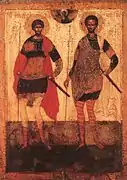Icône russe du XVe siècle. Saint Théodore le Stratilate et saint Théodore Tiron