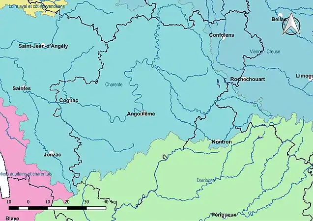 Sous-bassins DCE du département de la Charente. Les territoires sont ceux des régions hydrographiques, mais les limites sont les limites communales et non les lignes de partage des eaux.