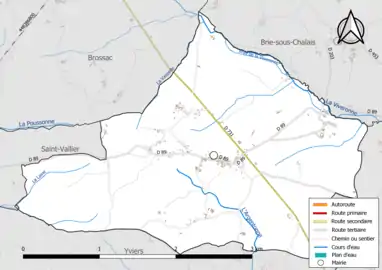 Carte en couleur présentant le réseau hydrographique de la commune