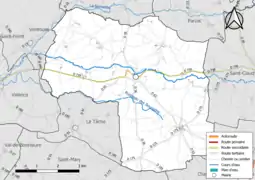 Carte en couleur présentant le réseau hydrographique de la commune