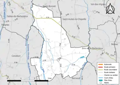 Carte en couleur présentant le réseau hydrographique de la commune