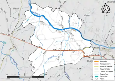 Carte en couleur présentant le réseau hydrographique de la commune