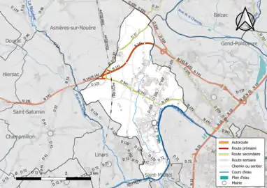 Carte en couleur présentant le réseau hydrographique de la commune