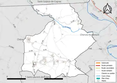 Carte en couleur présentant le réseau hydrographique de la commune