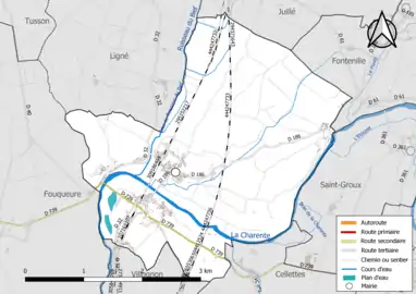 Carte en couleur présentant le réseau hydrographique de la commune