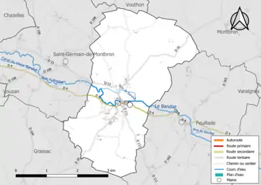 Carte en couleur présentant le réseau hydrographique de la commune