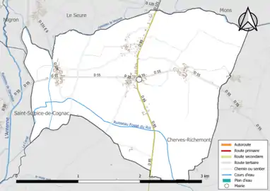 Carte en couleur présentant le réseau hydrographique de la commune