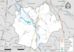 Carte en couleur présentant le réseau hydrographique de la commune