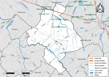 Carte en couleur présentant le réseau hydrographique de la commune