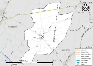 Carte en couleur présentant le réseau hydrographique de la commune