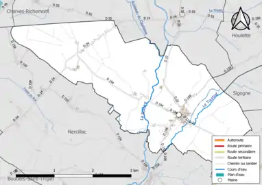 Carte en couleur présentant le réseau hydrographique de la commune