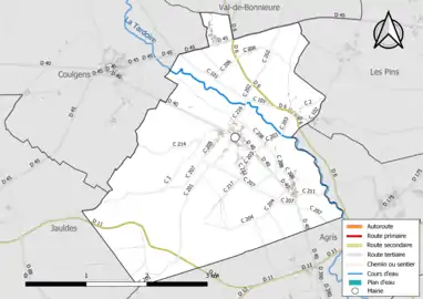 Carte en couleur présentant le réseau hydrographique de la commune