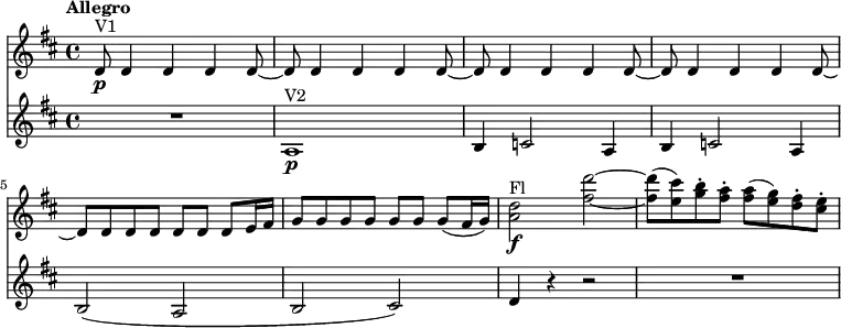 
<<
\new Staff \relative c'' {
  \version "2.18.2"
  \clef "treble"
  \key d \major
  \tempo "Allegro"
  \time 4/4
  \tempo 8 = 200
 d,8 \p ^ \markup{V1} d4 d d d8 ~
 d8 d4 d d d8 ~
 d8 d4 d d d8 ~
 d8 d4 d d d8 ~
 d8 d d d d d d e16 fis
 g8 g g g g g g (fis16 g)
 <a d>2 \f ^ \markup{Fl} <fis' d'> ~
 <fis d'>8   (<e cis'>)  <g b-.>   <fis a-.>
  <fis a>  (<e g>)  <d fis-.>   <cis e-.>
}
\new Staff \relative c' {
    \clef "treble"
    \key d \major
    \time 4/4
    R1 a1\p ^\markup {V2}
    b4 c!2 a4
    b4 c!2 a4
    b2 (a b cis)
    d4 r4 r2 R1
}
>>
