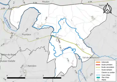 Carte en couleur présentant le réseau hydrographique de la commune