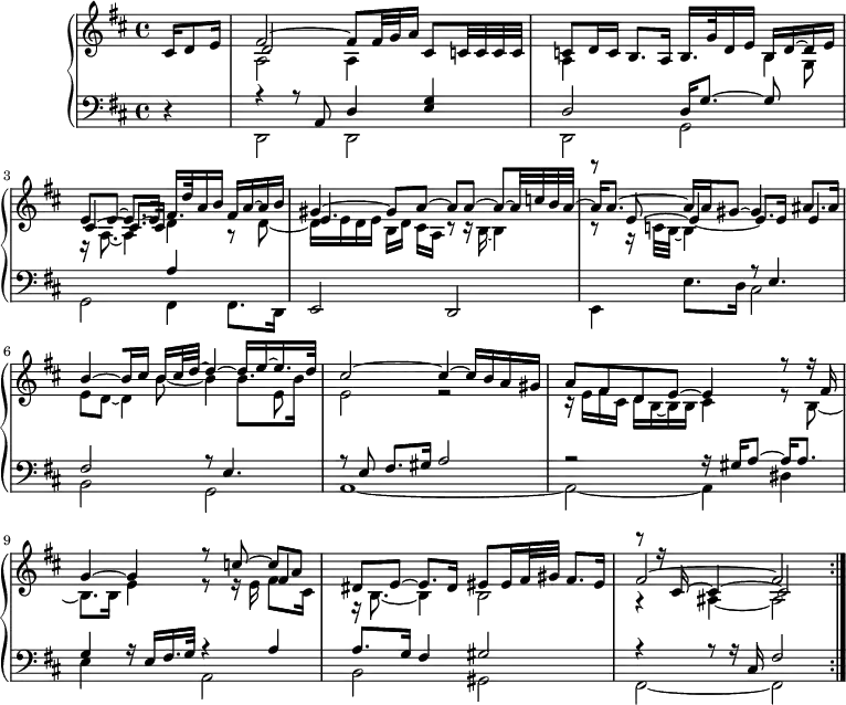 
\version "2.18.2"
\header {
  tagline = ##f
}
upper = \relative c' {
  \clef treble 
  \key d \major
  \time 4/4
  \tempo 4 = 38
   %%Froberger — Meditation
   \partial 4 cis16 d8 e16
   << { fis2~ fis8[ fis32 g a16] cis,8 c!32 c c c } \\ { a2 a4 } \\ { d2 } >>
   << { c8 d16 c b8. a16 b16. g'32 d16 e b[ d~ d e] } \\ { s2. s8 \stemDown g,8 } \\ { \stemDown a4 s2 b4 } >>
   << { e8 e~ e8. e16 fis16. d'32 a16 b fis a~ a b } \\ { r16 a,8._~ a4 d4 r8 d8~ } \\ { cis4~ cis8.~ cis16 } >>
   << { gis'4~ gis8 a~ a a~ a~ a32 c b a~ } \\ { d,16 e d e b[ d] cis[ a] r8 r16 b16~ b4 } \\ { e4. } >>
   << { a16 a8.~ a16 a gis8~ gis4 ais8. ais16 } \\ { r8 r16 c,32 b~ b4 } \\ { r8 e8~ e4_~ e8. e16 e4~ } >>
   << { b'4~[ b16[ cis] b16 cis32 d~] d4~ d16[ e~ e16. d32] } \\ { e,8 d~ d4 s4 s8 e8 } \\ { \stemDown s4. b'8_~ b4 b8. b16 } >>
   << { cis2~ cis4~ cis16 b a gis } \\ { e2 r2 } >>
   << { a8 fis d e~ e4 r8 r16 fis16 } \\ { r16 e fis cis d b~ b b cis4 r8 b8~ } >>
   << { g'4~ g r8 c8~ c[ a] } \\ { \mergeDifferentlyHeadedOn b,8. b16 e4 r8 r16 e16 fis8. cis16 } \\ {  \mergeDifferentlyDottedOn s2. fis4 } >>
   << { dis8 e~ e8. dis16 eis8[ eis16 fis32 gis] fis8. eis16 } \\ { r16 b8.~ b4 b2 } >>
   << { fis'2~ fis } \\ { r4 ais,4~ ais2 } \\ { r8 r16 cis16~ cis4~ cis2 } >> \bar ":|."
}
lower = \relative c {
  \clef bass
  \key d \major
  \time 4/4
   r4 << { r4 r8 a8 d4 < g e >4 } \\ { d,2 d } >>
   << { d'2 d16 g8.~ g8 } \\ { d,2 g } >>
   << { s2 a'4 s4 } \\ { g,2 fis4 fis8. d16 } >>
   e2 d
   << { s2 r8 e'4. } \\ { e,4 e'8. d16 cis2 } >>
   << { fis2 } \\ { b,2 } >>
   << { r8 e4. } \\ { g,2 } >>
   << { r8 e'8 fis8. gis16 a2 } \\ { a,1~ } >>
   << { r2 r16 gis'16 a8~ a16 a8. } \\ { a,2~ a4 dis } >>
   << { g4 r16 e16 fis16. g32 r4 a4 } \\ { e4 s4 a,2 } >>
   << { a'8. g16 fis4 gis2 r4 r8 r16 cis,16 fis2 } \\ { b,2 gis fis~ fis } >>
}
  \header {
    piece = ""
  }
\score {
  \new PianoStaff <<
    \new Staff = "upper" \upper
    \new Staff = "lower" \lower
  >>
  \layout {
      #(layout-set-staff-size 17)
    \context {
      \Score
      \remove "Metronome_mark_engraver"
     \override SpacingSpanner.common-shortest-duration = #(ly:make-moment 1/2)
    }
  }
  \midi {   \set Staff.midiInstrument = #"harpsichord" }
}
