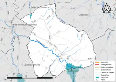 Carte en couleur présentant le réseau hydrographique de la commune