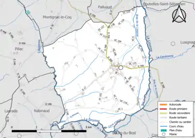 Carte en couleurs présentant les réseaux hydrographique et routier de Saint-Séverin.