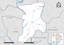 Carte en couleur présentant le réseau hydrographique de la commune