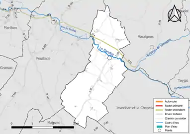 Carte en couleurs présentant le réseau hydrographique de la commune