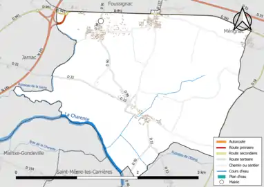 Carte en couleur présentant le réseau hydrographique de la commune