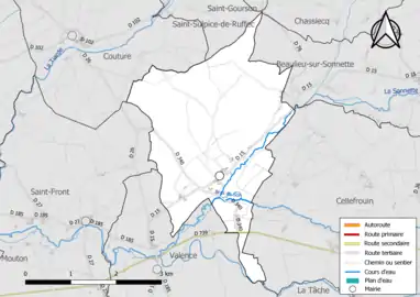 Carte en couleur présentant le réseau hydrographique de la commune