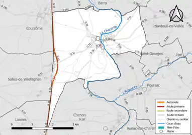 Carte en couleur présentant le réseau hydrographique de la commune