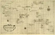 Carte du Pacifique Sud indiquant les différentes îles découvertes par Jacob Le Maire en 1614.