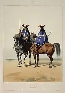 Mousquetaires du Roi, planche en couleurs du XIXe siècle.