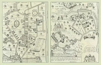 1674. Plan de la Laure de Pechersk par Innocent Giesel. Reproduction dans la Description de Kiev ("Описание Киева"), Moscou, 1868.