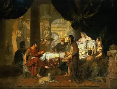 Tableau où l'on voit Antoine et Cléopâtre attablés face à face, avec d'autres personnages.