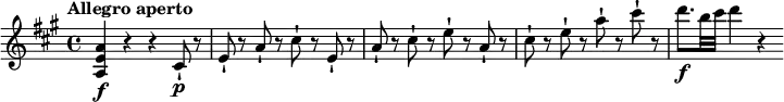 
\relative c' {
     \version "2.18.2"
     \key a \major
     \time 4/4
     \tempo "Allegro aperto"
     \tempo 4 = 130
  <a e' a>\f  r4 r4 cis8-!\p r8 e8-! r8 
  a8-! r8 cis8-! r8 e,8-! r8 a8-! r8 
  cis8-! r8 e8-! r8 a,8-! r8 
  cis8-! r8 e8-! r8 a8-! r8 cis8-! r8 
  d8.\f b32 cis d4 r4 }
