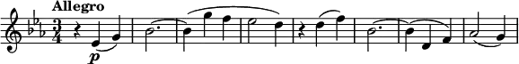 
\version "2.14.2"
 \relative c' {
         \clef "treble" 
         \tempo "Allegro"
         \key ees \major
         \time 3/4 
         \tempo 4 = 140
      r4 ees4\p (g)
      bes2. ~
      bes4 (g' f
      ees2 d4)
      r4 d4 (f)
      bes,2. ~
      bes4 (d, f)
      aes2 (g4)
}
