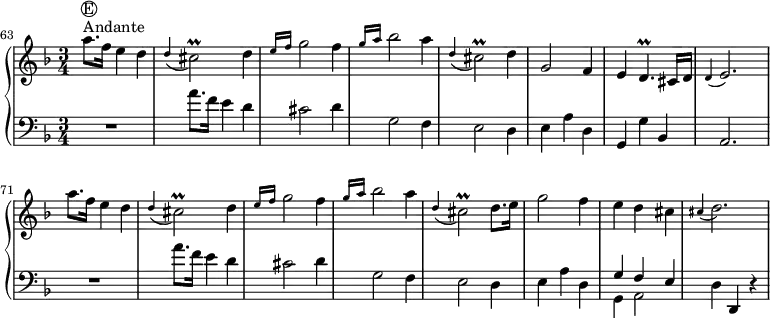 
\version "2.18.2"
\header {
  tagline = ##f
  % composer = "Domenico Scarlatti"
  % opus = "K. 282 suite"
  % meter = "Allegro"
}
%% les petites notes
trillCisb     = { \tag #'print { cis2\prall } \tag #'midi { d32 cis d cis~ cis4. } }
trillDp       = { \tag #'print { d4.\prall } \tag #'midi { e32 d e d~ d4 } }
appoCisD      = { \tag #'print { \appoggiatura cis4 d2. } \tag #'midi { cis2 d4 } }
appoCE        = { \tag #'print { \appoggiatura d4 e2. } \tag #'midi { d2 e4 } }
upper = \relative c'' {
  \clef treble 
  \key d \minor
  \time 3/4
  \tempo 4 = 96
  \set Score.currentBarNumber = #63
  \bar "||"	
      s8*0^\markup{Andante}
      s8*0^\markup { \circle { E }}
      a'8. f16  e4 d | \appoggiatura d4 \trillCisb d4 | \grace {   \tempo 4 = 66 e16 f }   \tempo 4 = 96 g2 f4 | \grace {   \tempo 4 = 66 g16 a }   \tempo 4 = 96 bes2 a4 | \appoggiatura d,4 \trillCisb d4 | g,2 f4 
      % ms. 69
      e4 \trillDp cis16 d | \appoCE | a'8. f16  e4 d | \appoggiatura d4 \trillCisb d4 | \grace {   \tempo 4 = 66 e16 f }   \tempo 4 = 96 g2 f4 | \grace {   \tempo 4 = 66 g16 a }   \tempo 4 = 96 bes2 a4 | \appoggiatura d,4 \trillCisb d8. e16 |
      % ms. 76
      g2 f4 | e d cis | \appoCisD |
}
lower = \relative c' {
  \clef bass
  \key d \minor
  \time 3/4
    % ************************************** \appoggiatura a16  \repeat unfold 2 {  } \times 2/3 { }   \omit TupletNumber 
      R2. | a'8. f16 e4 d | cis2 d4 | g,2 f4 | e2 d4 | e a d, |
      % ms. 69
      g,4 g' bes, | a2. | R2. | a''8. f16 e4 d | cis2 d4 | g,2 f4 | e2 d4 |
      % ms. 76
      e a d, | << { g4 f e } \\ { g,4 a2 } >> | d4 d, r4 | 
}
thePianoStaff = \new PianoStaff <<
    \set PianoStaff.instrumentName = #""
    \new Staff = "upper" \upper
    \new Staff = "lower" \lower
  >>
\score {
  \keepWithTag #'print \thePianoStaff
  \layout {
    indent = #0
      #(layout-set-staff-size 17)
    \context {
      \Score
     \override TupletBracket.bracket-visibility = ##f
     \override SpacingSpanner.common-shortest-duration = #(ly:make-moment 1/2)
      \remove "Metronome_mark_engraver"
    }
  }
}
\score {
  \keepWithTag #'midi \thePianoStaff
  \midi { \set Staff.midiInstrument = #"harpsichord" }
}
