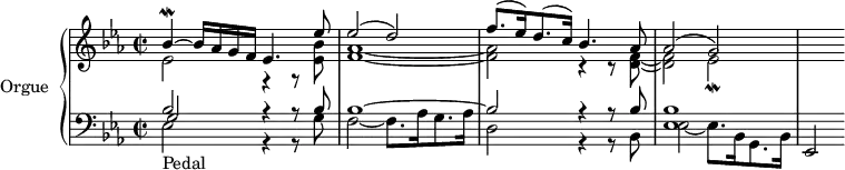 
\version "2.14.2"
\header {
  tagline = ##f
}
upper = \relative c'' {
  \clef treble 
  \key ees \major
  \time 2/2
  \tempo 2 = 50
  %\autoBeamOff
   << { bes4~\mordent bes16 aes g f ees4. ees'8 } \\ { ees,2 r4 r8 < bes' ees, >8 } >>
   << { ees2( d) } \\ { < aes f >1~ } >>
   << { f'8.( ees16) d8.( c16) bes4. aes8 } \\ { < aes f >2 r4 r8 < f d >8~ } >>
   << { aes2( g) } \\ { < f d >2 ees2\mordent } >>
   s2
}
lower = \relative c {
  \clef bass
  \key ees \major
  \time 2/2
   << { bes'2 s4 s8 bes8 } \\ { ees,2_"Pedal" r4 r8 g8 } \\ { g2 r4 r8 }   >>
   << { bes1~ } \\ { f2~ f8. aes16 g8. aes16 } >>
   << { bes2 r4 r8 bes8 } \\ { d,2 r4 r8 bes8 } >>
   << { < bes' ees, >1 } \\ { ees,2~ ees8. bes16 g8. bes16 } >> | 
   ees,2
}
\score {
  \new PianoStaff <<
    \set PianoStaff.instrumentName = #"Orgue"
    \new Staff = "upper" \upper
    \new Staff = "lower" \lower
  >>
  \layout {
    \context {
      \Score
      \remove "Metronome_mark_engraver"
    }
  }
  \midi { }
}
