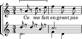 
\version "2.18.2"
\header {
  tagline = ##f
}
sopranoMusic = \relative c'' { \time 3/4 \set Staff.midiInstrument = #"orchestral harp" { \[ r8 a r d r e \] f4 e8 d } }
contraltoMusic = \relative c'' { \set Staff.midiInstrument = #"bassoon" << {d8 r8 d r8 b8 r c2.} \\ {d,2. f4 d} >> }
sopranoWords = \lyricmode { Ce me fait en grant joie }
contraltoWords = \lyricmode { Qui tout bien rent }
\score {
  \new ChoirStaff <<
    \new Staff {
      \new Voice = "sopranos" {
        \sopranoMusic
      }
    }
    \new Lyrics = "sopranos"
    \new Lyrics = "contraltos"
    \new Staff {
      \new Voice = "contraltos" {
        \contraltoMusic
      }
    }
    \context Lyrics = "sopranos" {
      \lyricsto "sopranos" {
        \sopranoWords
      }
    }
    \context Lyrics = "contraltos" {
      \lyricsto "contraltos" {
        \contraltoWords
      }
    }
  >>
 \layout {
    \context {
      \Score
      \remove "Time_signature_engraver" % marche pas :(
      \remove "Metronome_mark_engraver"
      \override SpacingSpanner.common-shortest-duration = #(ly:make-moment 1/2)
    }
  }
  \midi { }
}